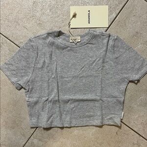 Adanola Waffle Short Sleeve Crop Top in Light Grey Melange